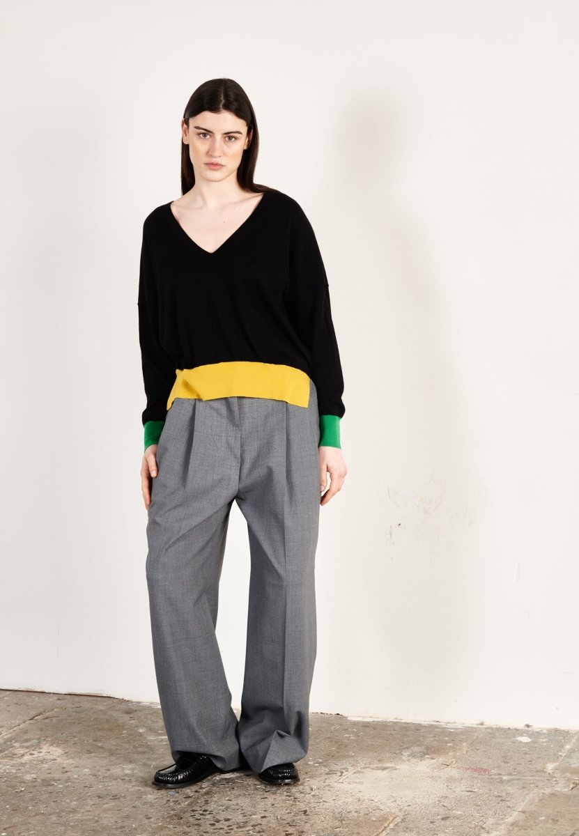 Pull col V oversize ultrafin cachemire et laine noir/vert/jaune femme - KELLY 10 - Studio cashmere8