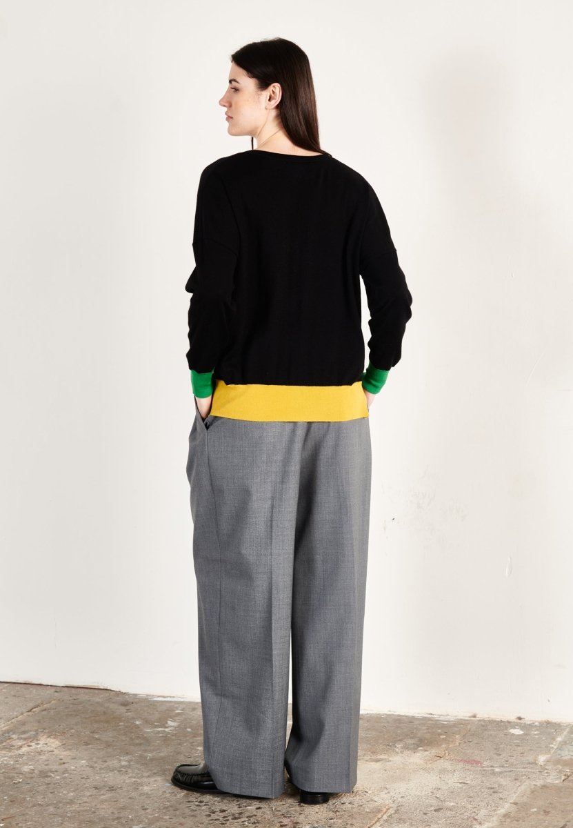 Pull col V oversize ultrafin cachemire et laine noir/vert/jaune femme - KELLY 10 - Studio cashmere8