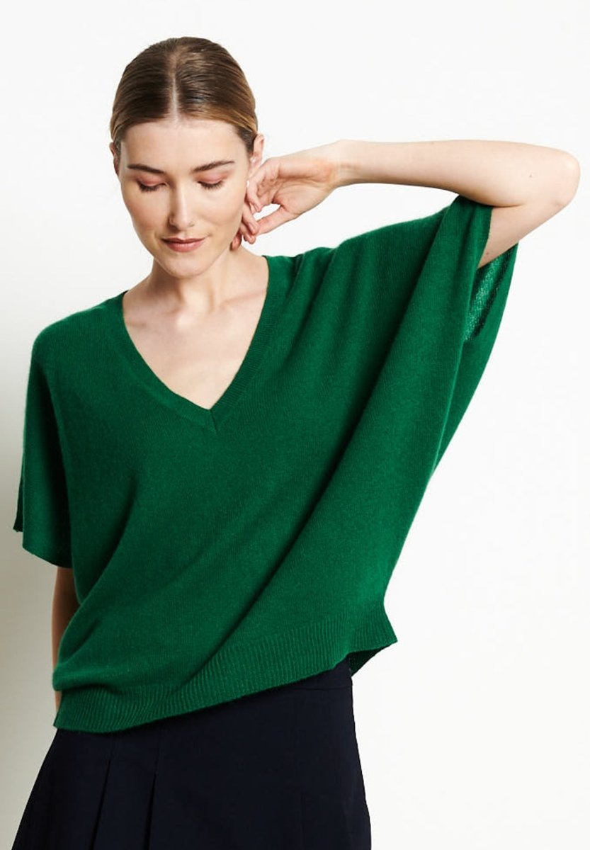 RIA 25 Pull col V manches chauve - souris en cachemire vert émeraude - Studio cashmere8