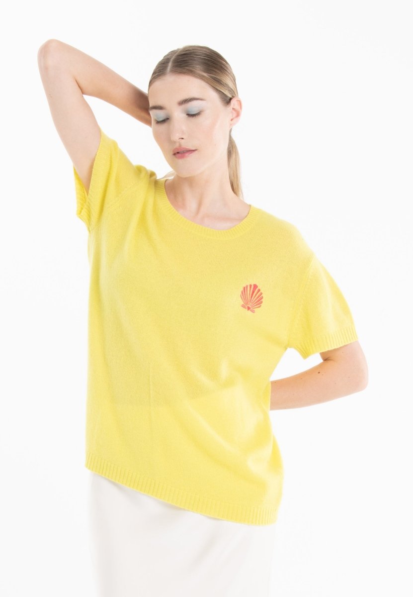 T-shirt col rond cachemire jaune fluo brodé femme - KELLY 15 - Studio cashmere8