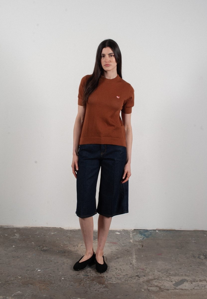 T-shirt col rond manches courtes femme en cachemire et laine ajouré ultrafin marron clair - FRIDA 8 - Studio cashmere8