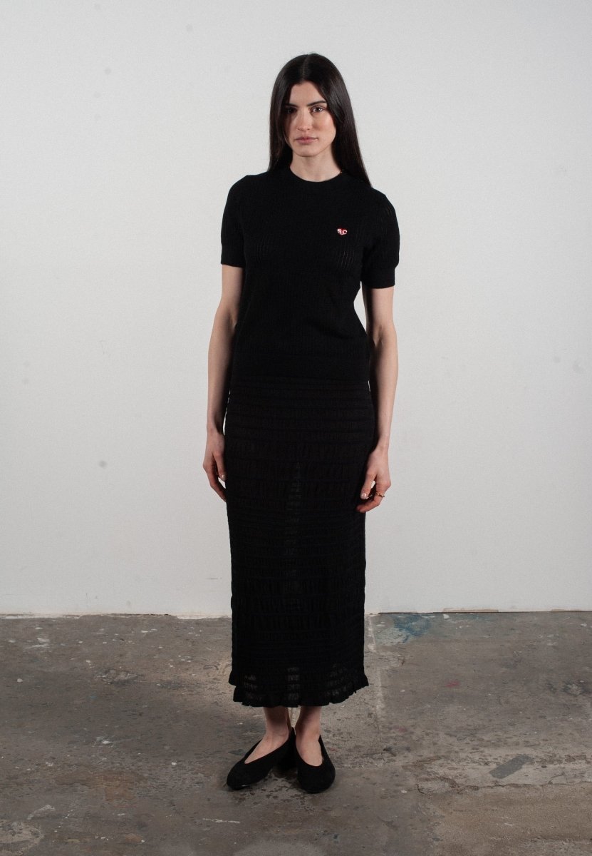 T-shirt col rond manches courtes femme en cachemire et laine ajouré ultrafin noir - FRIDA 8 - Studio cashmere8