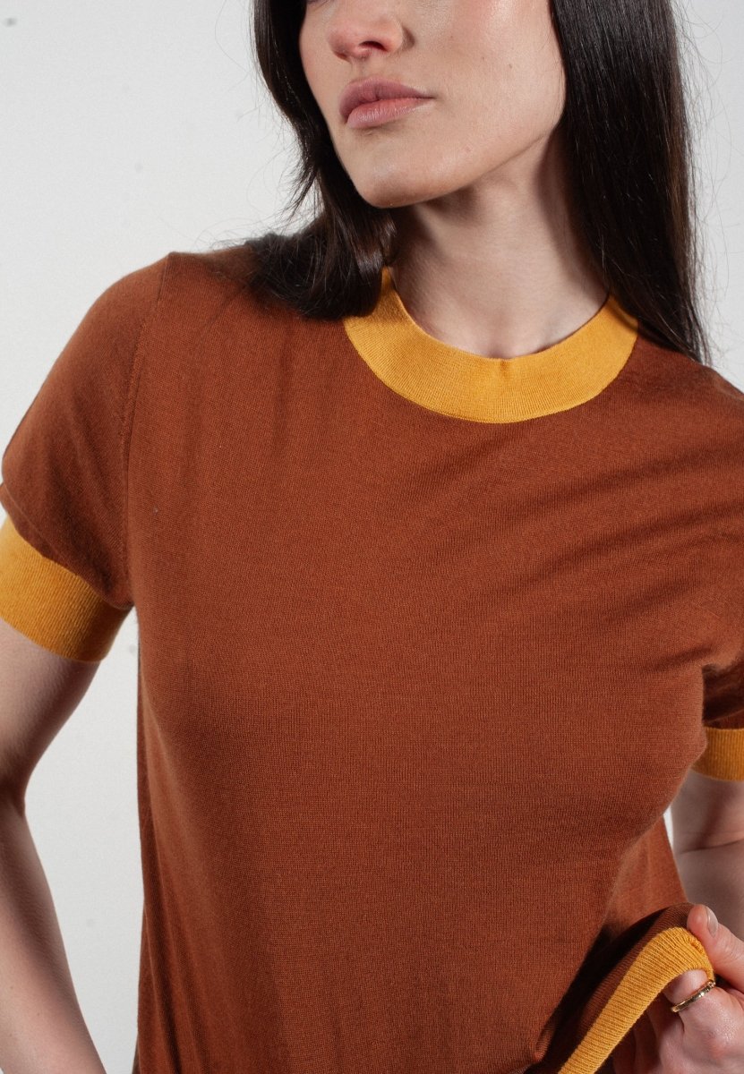 T-shirt col rond manches courtes femme en cachemire et laine ultrafin marron clair & jaune - FRIDA 12 - Studio cashmere8