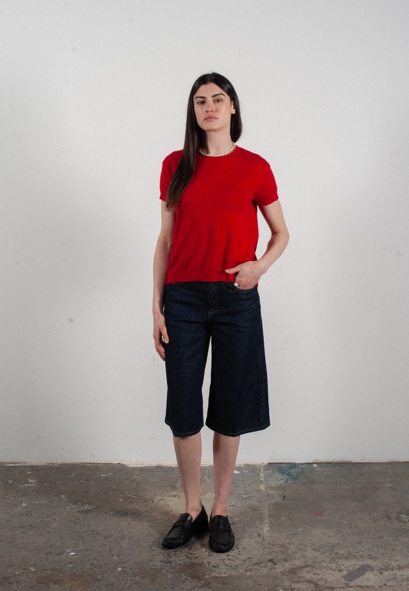 T-shirt col rond manches courtes femme en cachemire & laine ultrafin rouge - KELLY 1