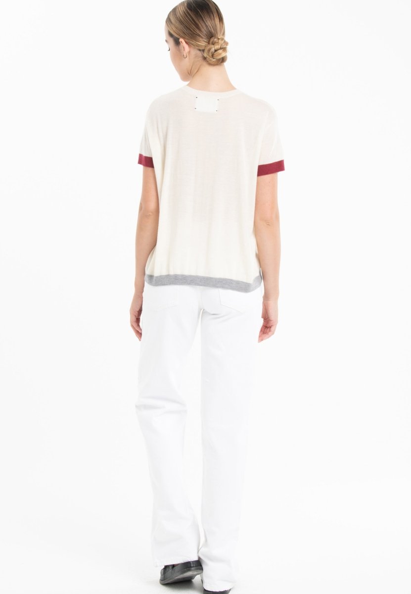 T-shirt col rond tricolore ultrafin cachemire et laine blanc/rouge/gris femme - KELLY 8 - Studio cashmere8