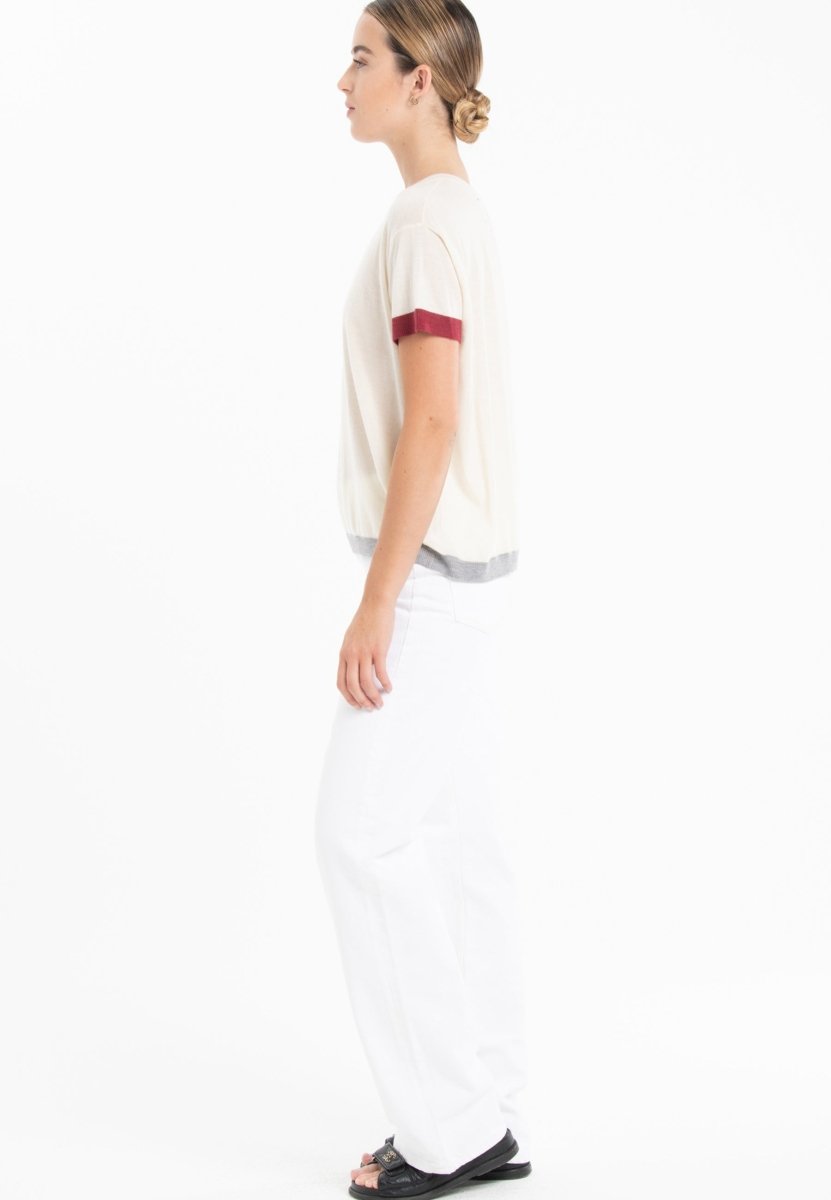 T-shirt col rond tricolore ultrafin cachemire et laine blanc/rouge/gris femme - KELLY 8 - Studio cashmere8