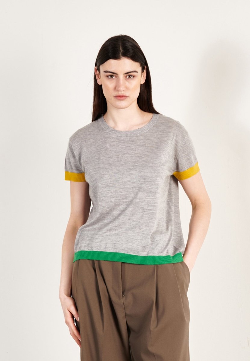 T-shirt col rond tricolore ultrafin cachemire et laine gris/jaune/vert femme - KELLY 8 - Studio cashmere8