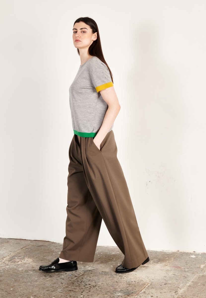 T-shirt col rond tricolore ultrafin cachemire et laine gris/jaune/vert femme - KELLY 8 - Studio cashmere8