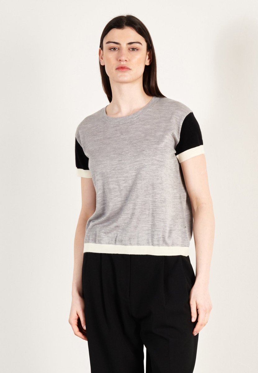 T-shirt col rond tricolore ultrafin cachemire et laine gris/noir/blanc femme - KELLY 7 - Studio cashmere8