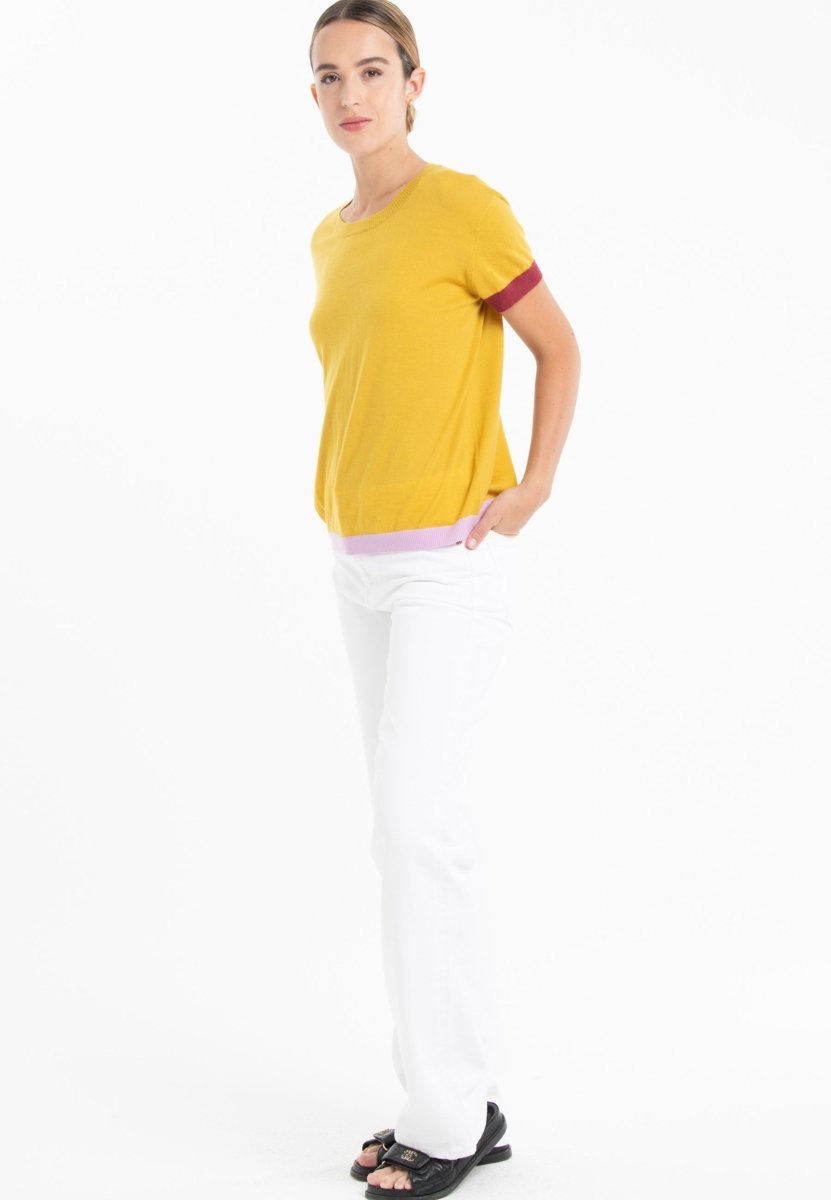 T-shirt col rond tricolore ultrafin cachemire et laine jaune/rouge/lavande femme - KELLY 8 - Studio cashmere8