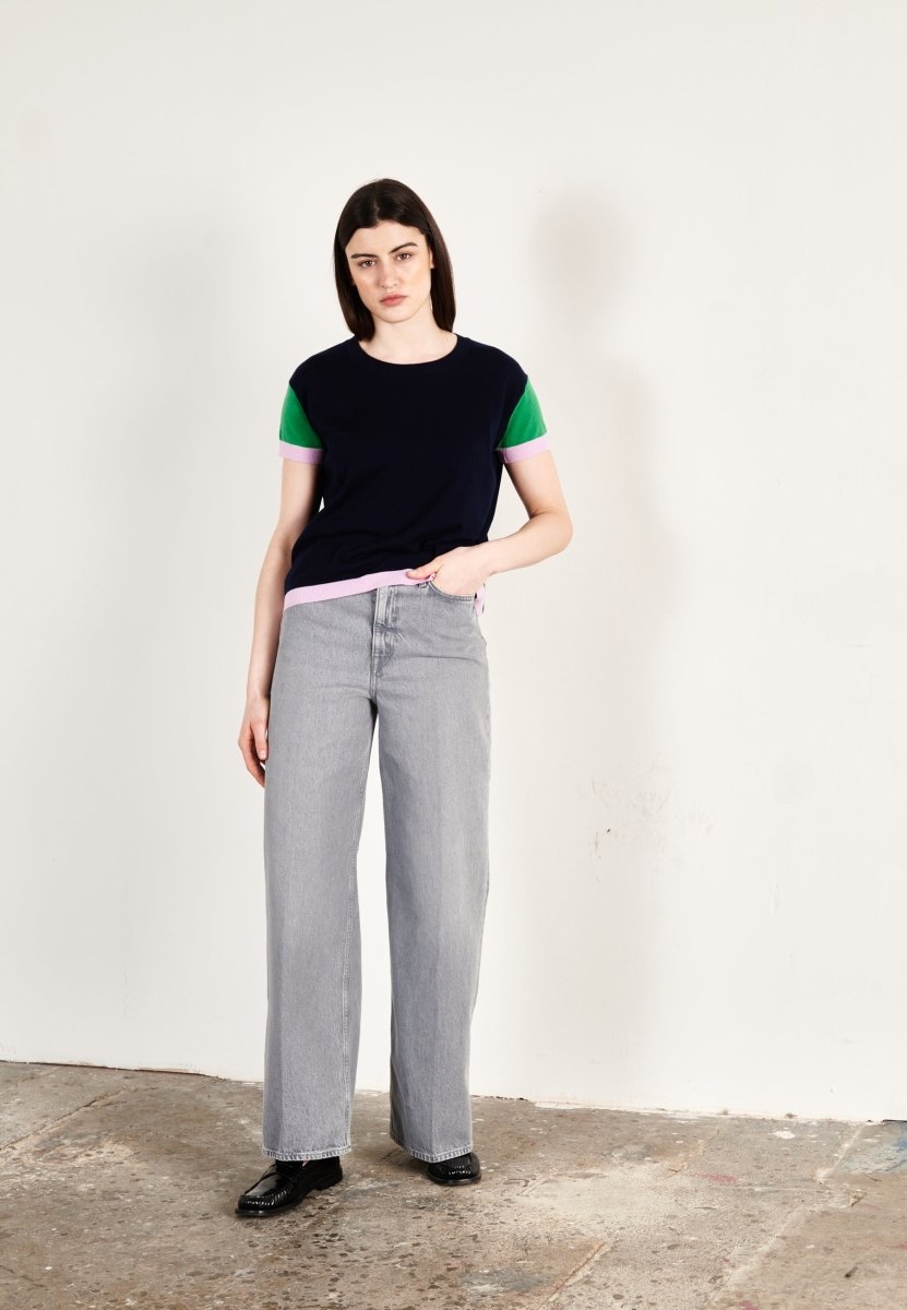 T-shirt col rond tricolore ultrafin cachemire et laine marine/vert/lavande femme - KELLY 7 - Studio cashmere8