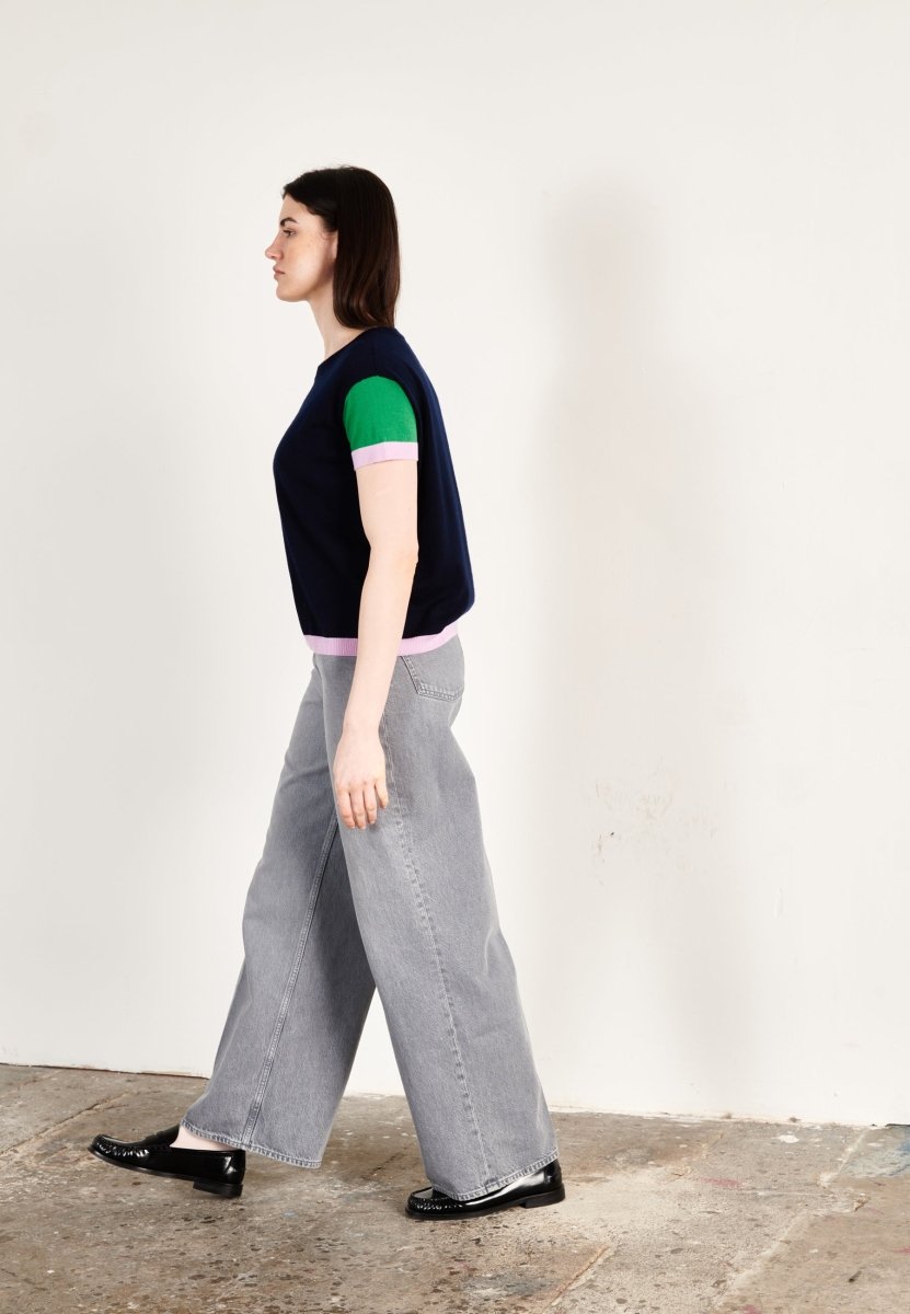 T-shirt col rond tricolore ultrafin cachemire et laine marine/vert/lavande femme - KELLY 7 - Studio cashmere8