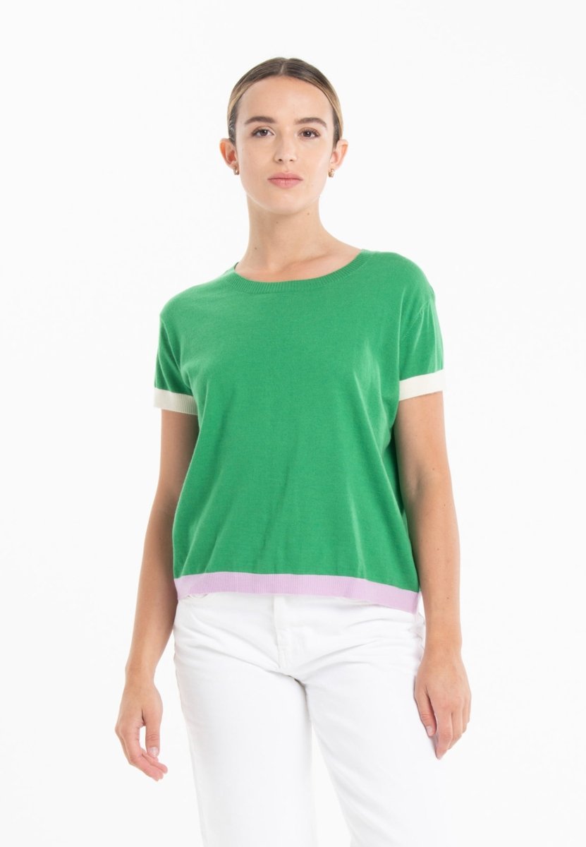 T-shirt col rond tricolore ultrafin cachemire et laine vert/lavande/blanc femme - KELLY 8 - Studio cashmere8