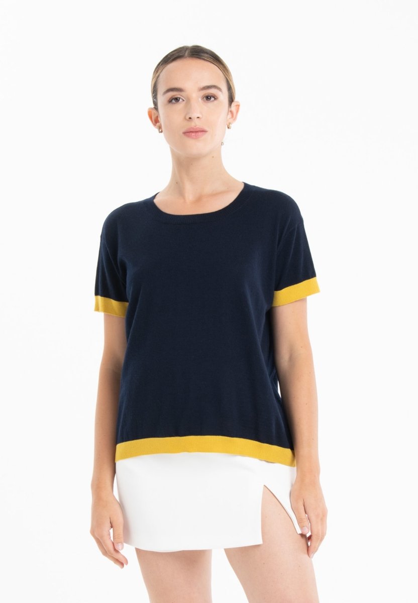 T-shirt col rond ultrafin cachemire et laine bleu marine/jaune femme - KELLY 1 - Studio cashmere8