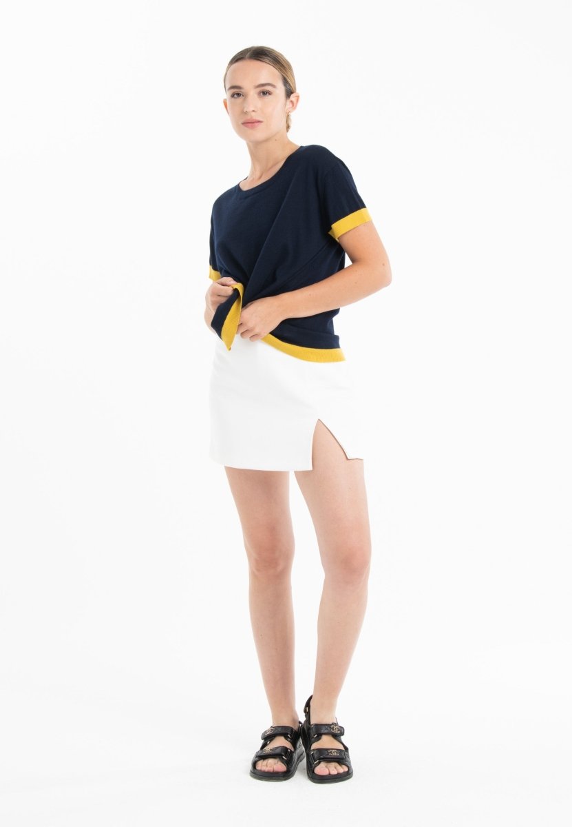 T-shirt col rond ultrafin cachemire et laine bleu marine/jaune femme - KELLY 1 - Studio cashmere8