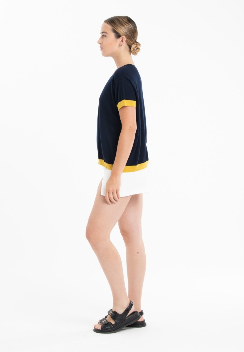 T-shirt col rond ultrafin cachemire et laine bleu marine/jaune femme - KELLY 1 - Studio cashmere8