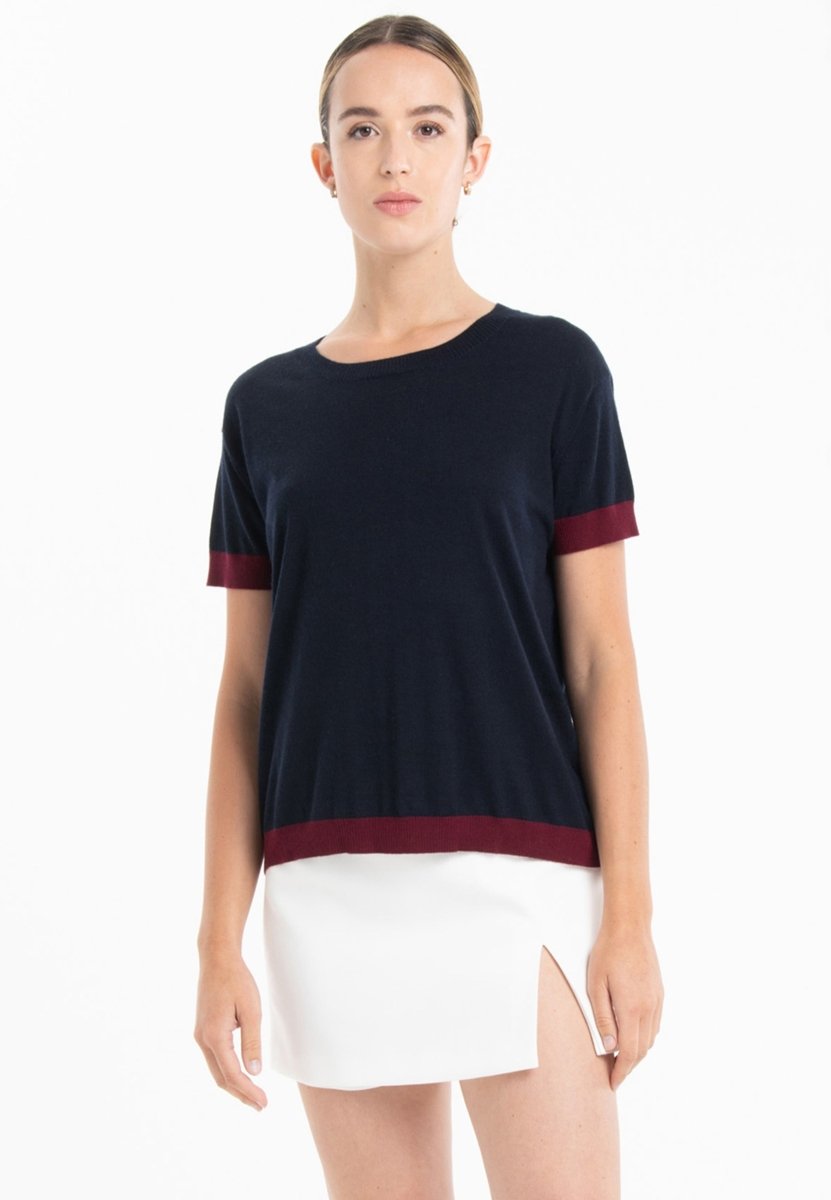 T-shirt col rond ultrafin cachemire et laine bleu marine/rouge bordeaux femme - KELLY 1 - Studio cashmere8