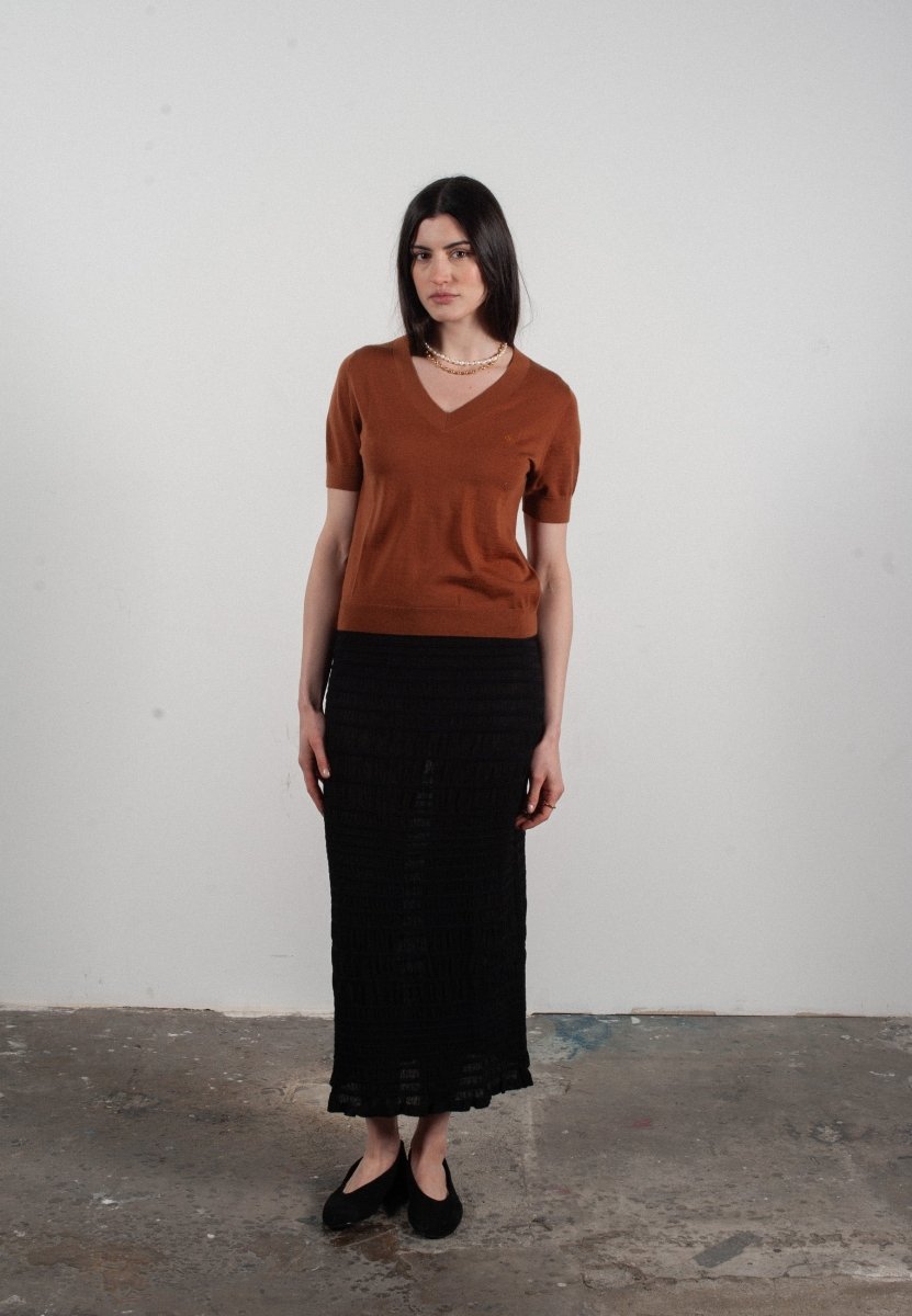 T-shirt col V manches courtes femme en cachemire et laine ultrafin marron clair - FRIDA 10 - Studio cashmere8