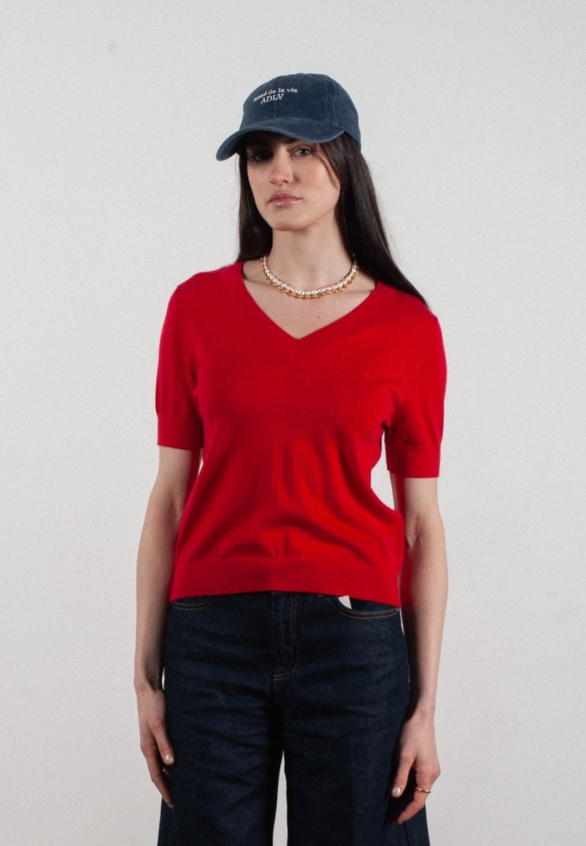 T-shirt col V manches courtes femme en cachemire et laine ultrafin rouge - FRIDA 10