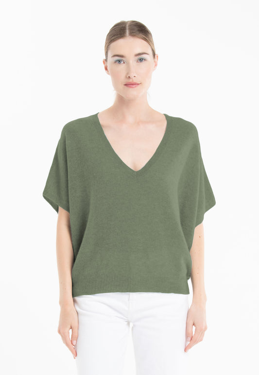 Pull col V cachemire kaki militaire femme - RIA 25