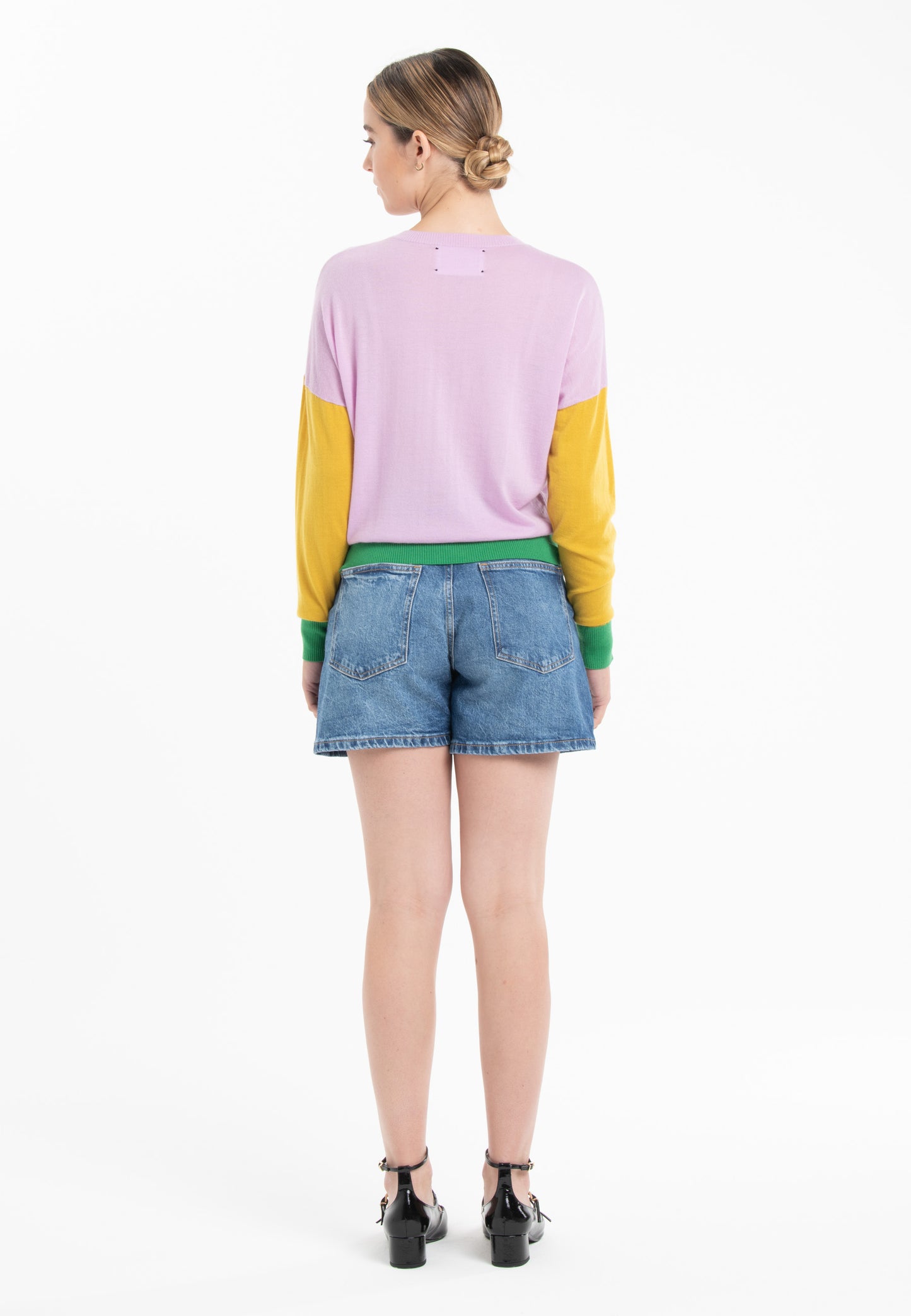 Pull col rond oversize tricolore ultrafin cachemire et laine lavande/jaune/vert femme - KELLY 9