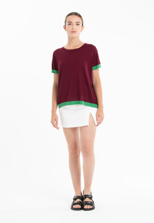 T-shirt col rond ultrafin cachemire et laine rouge bordeaux/vert femme - KELLY 1