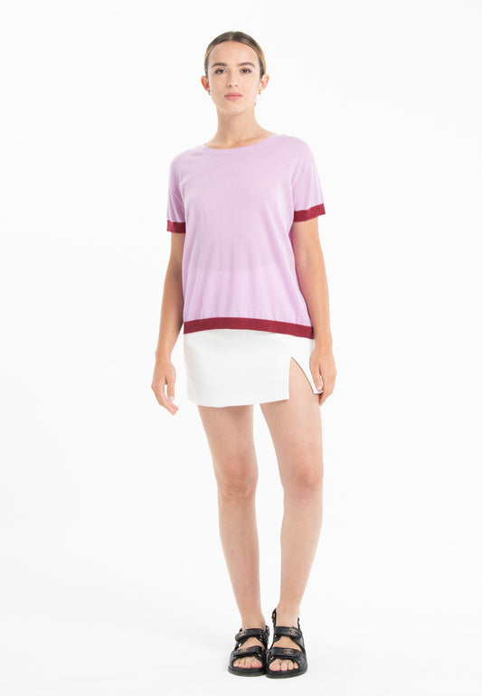 T-shirt col rond ultrafin cachemire et laine lavande/rouge femme - KELLY 1