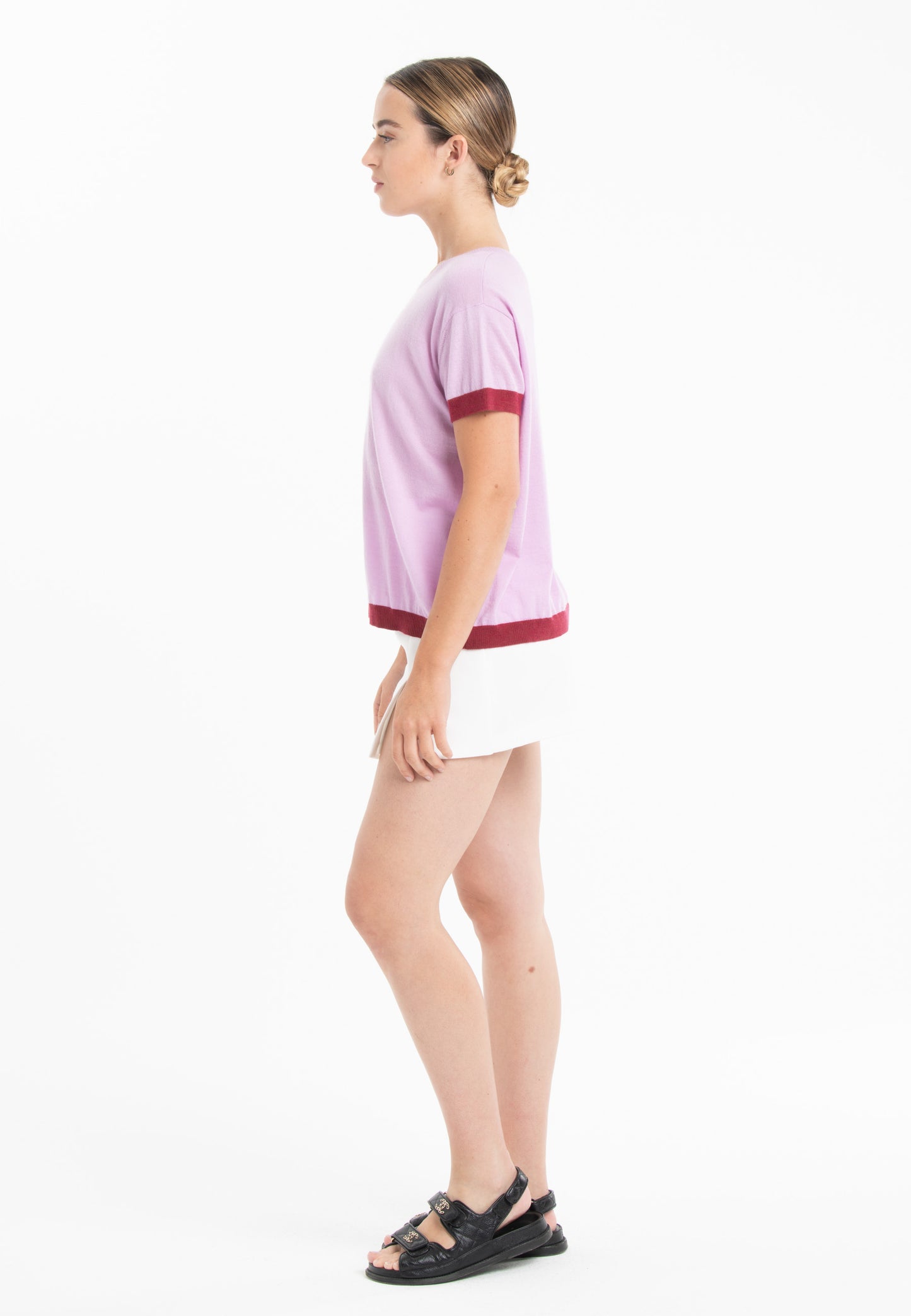 T-shirt col rond ultrafin cachemire et laine lavande/rouge femme - KELLY 1