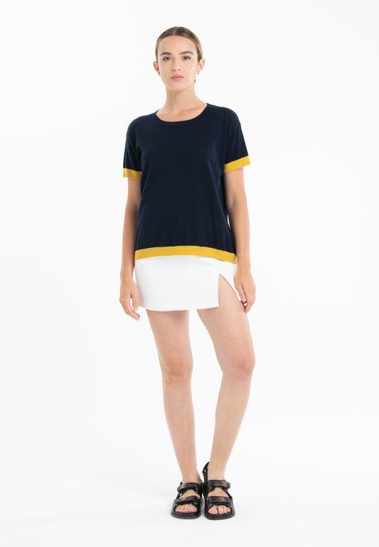 T-shirt col rond ultrafin cachemire et laine bleu marine/jaune femme - KELLY 1