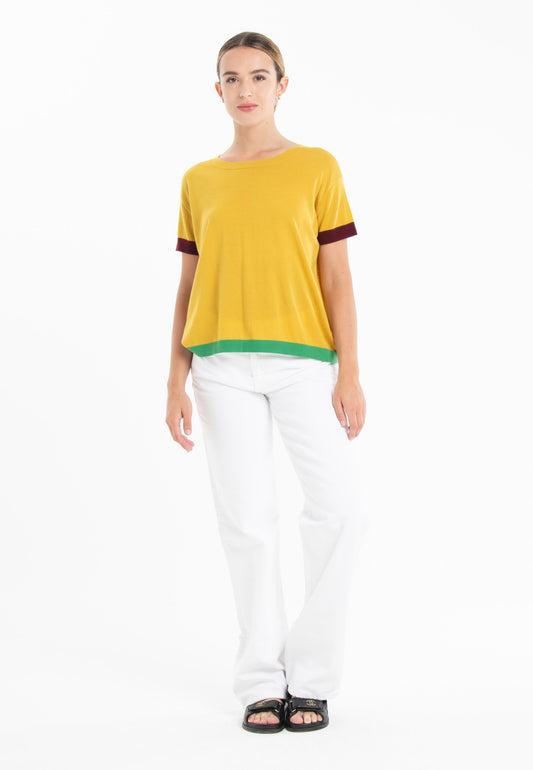 T-shirt col rond tricolore ultrafin cachemire et laine jaune/rouge bordeaux/vert femme - KELLY 8