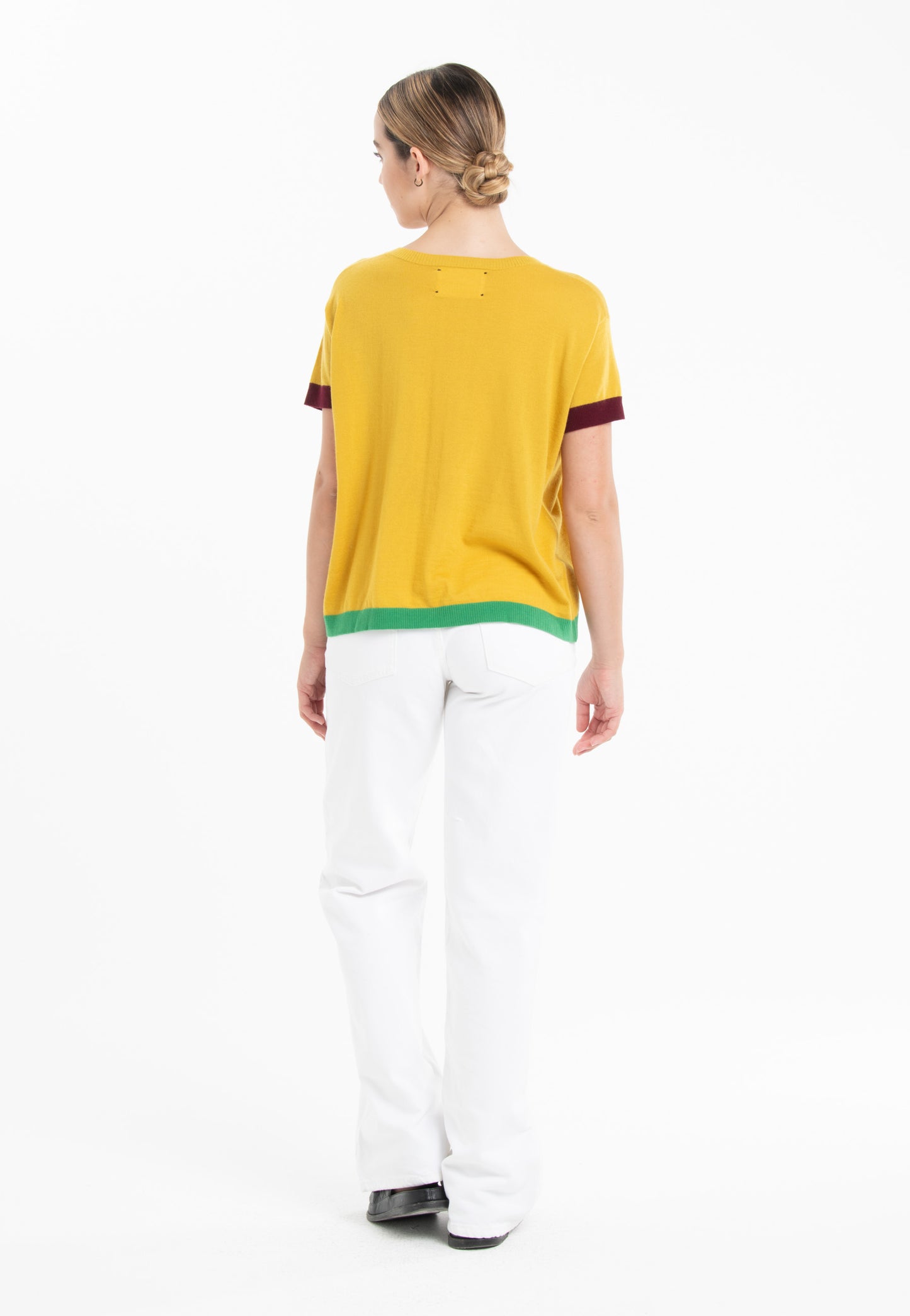 T-shirt col rond tricolore ultrafin cachemire et laine jaune/rouge bordeaux/vert femme - KELLY 8