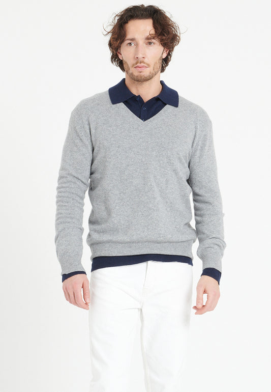 Men's light gray cashmere V-neck sweater - LUKE 1