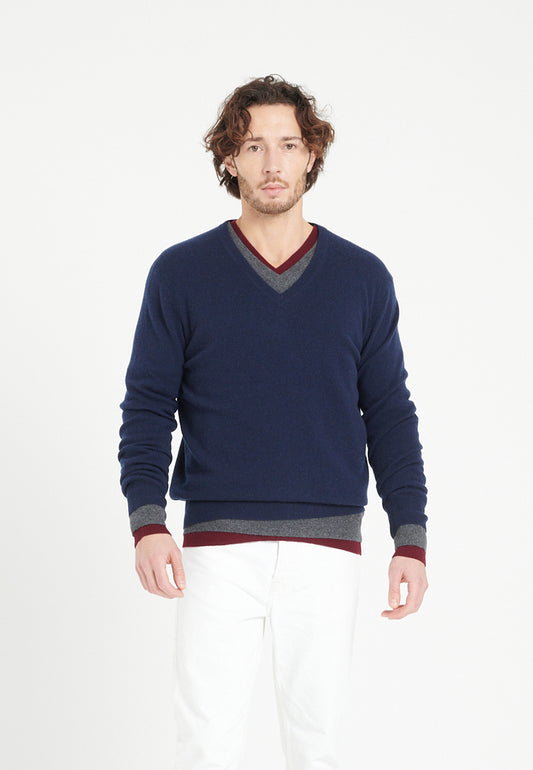 Men's navy blue cashmere V-neck sweater - LUKE 1
