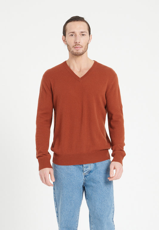 Men's terracotta cashmere V-neck sweater - LUKE 1
