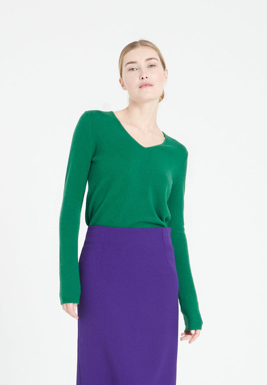 Women's Emerald Green Cashmere V-Neck Sweater - LILLY 2A
