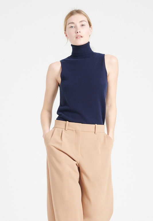 Women's navy blue cashmere sleeveless turtleneck sweater - LILLY 13