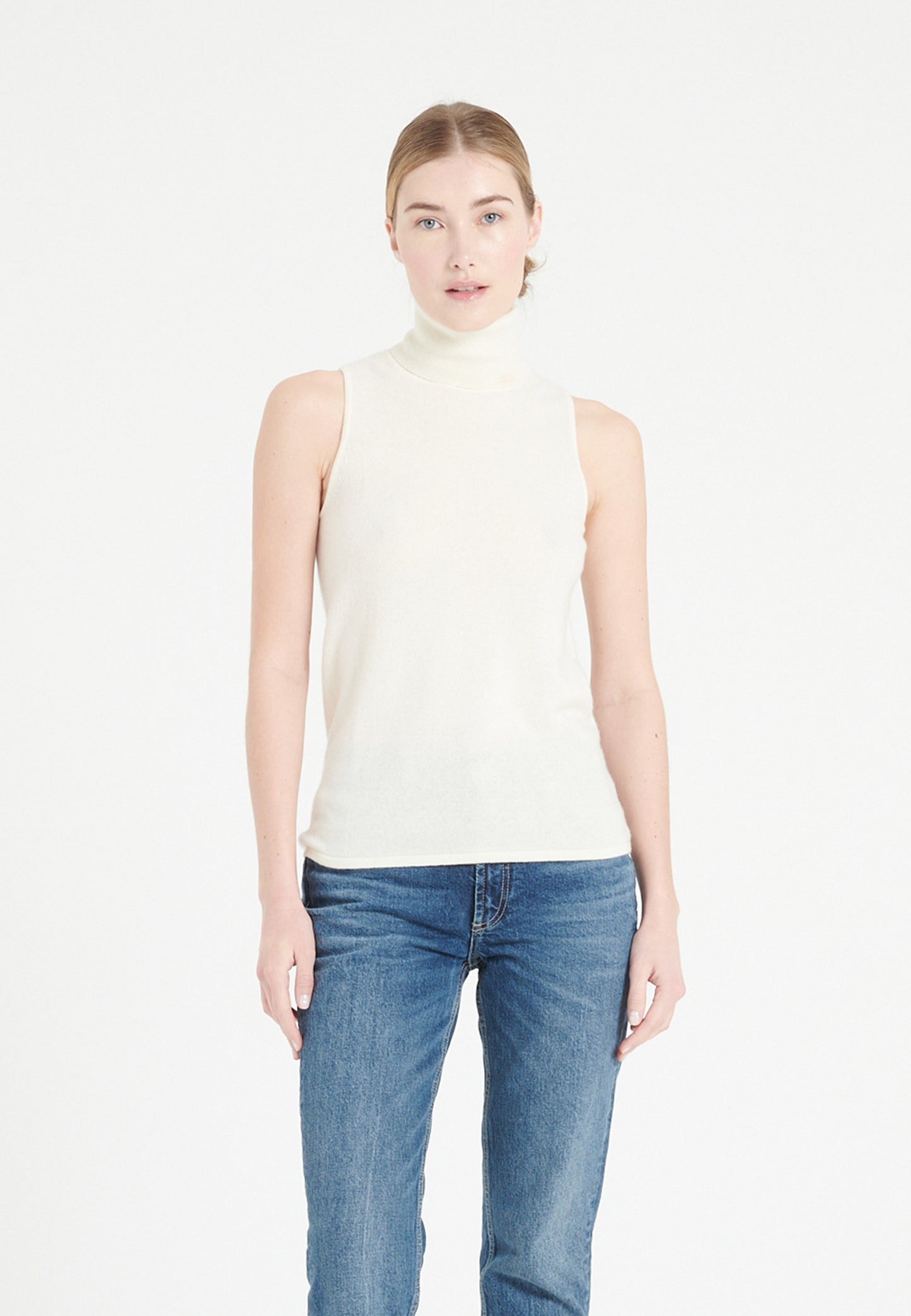 Ärmelloser Rollkragenpullover aus ecrufarbenem Kaschmir für Damen - LILLY 13