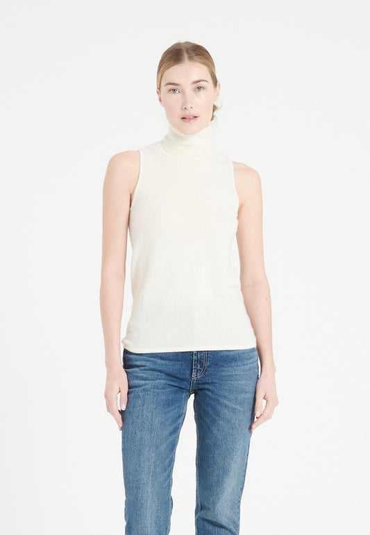 Ärmelloser Rollkragenpullover aus ecrufarbenem Kaschmir für Damen - LILLY 13