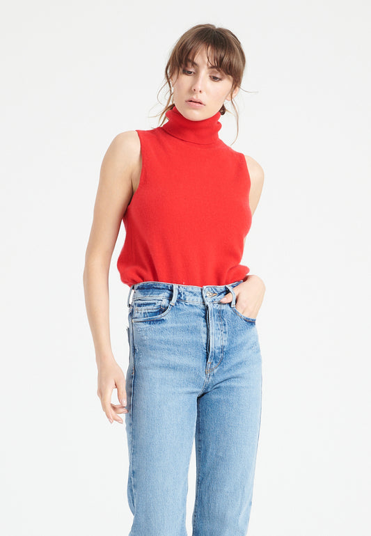 Pull col roulé sans manches cachemire rouge femme - LILLY 13