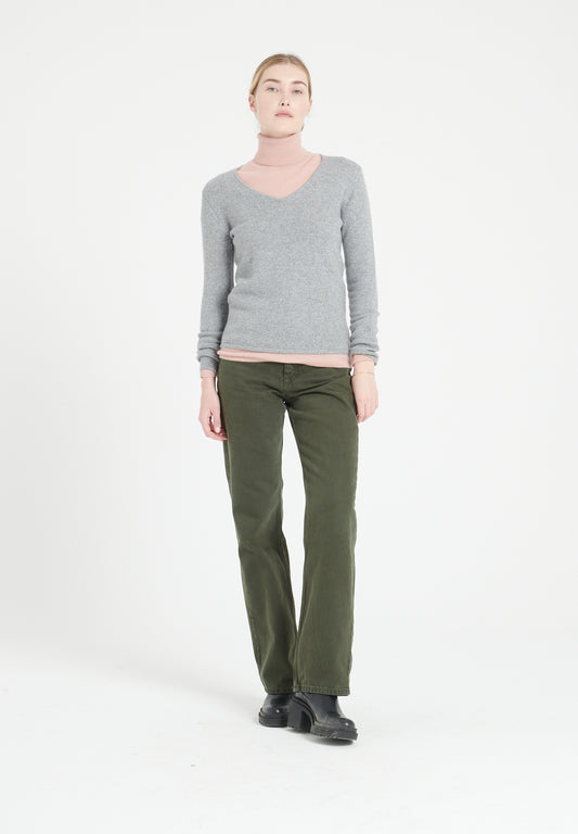 Women's light gray 4-ply cashmere V-neck sweater - LILLY 20