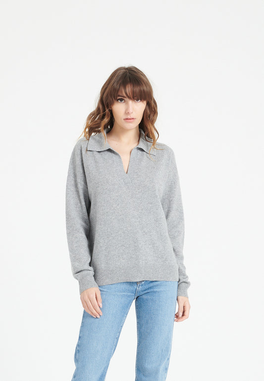 Hellgraues Langarm-Poloshirt aus Kaschmir für Damen - MIA 3