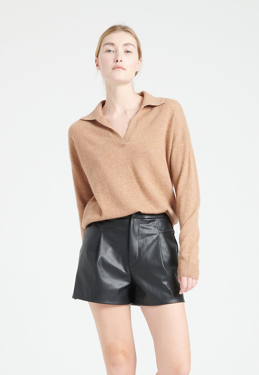 Damen-Langarm-Poloshirt aus Kaschmir in Kamelfarbe – MIA 3