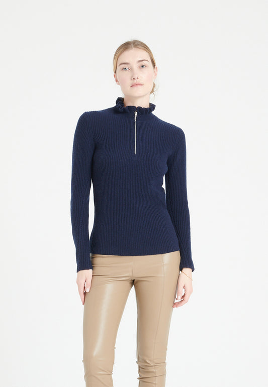 Marineblauer Kaschmirpullover mit Reißverschlusskragen für Damen – MIA 4