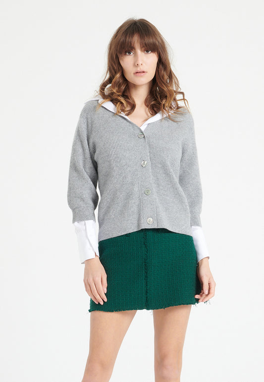 Hellgraue Damen-Strickjacke aus Kaschmir mit V-Ausschnitt - MIA 13
