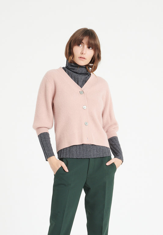 Puderrosa Kaschmir-Cardigan mit V-Ausschnitt für Damen - MIA 13