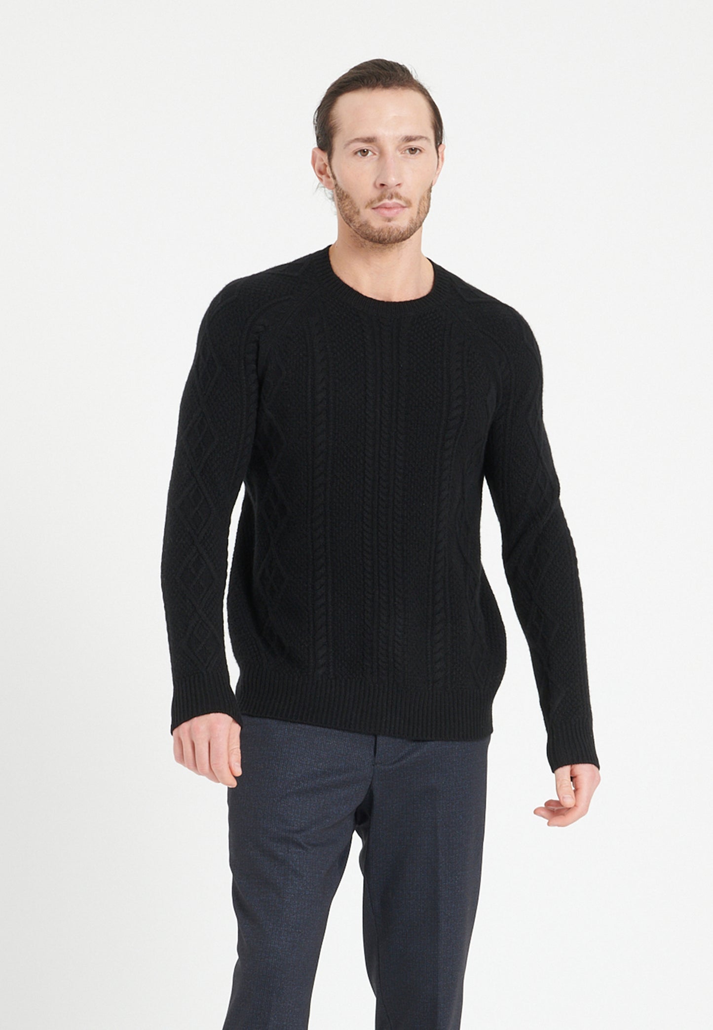 Schwarzer 6-fädiger Kaschmirpullover mit Rundhalsausschnitt für Herren – ZACH 1