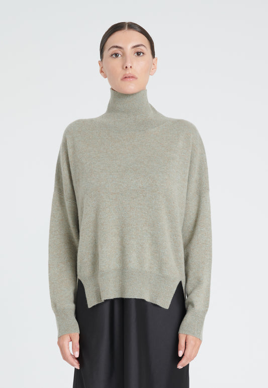 Khakifarbener, taupefarbener Kaschmirpullover mit hohem Kragen für Damen – ZAYA 13