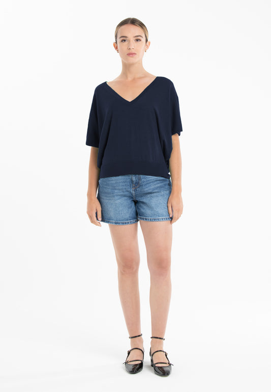 Pull col V manches chauve souris ultrafin cachemire et laine bleu marine femme - KELLY 6