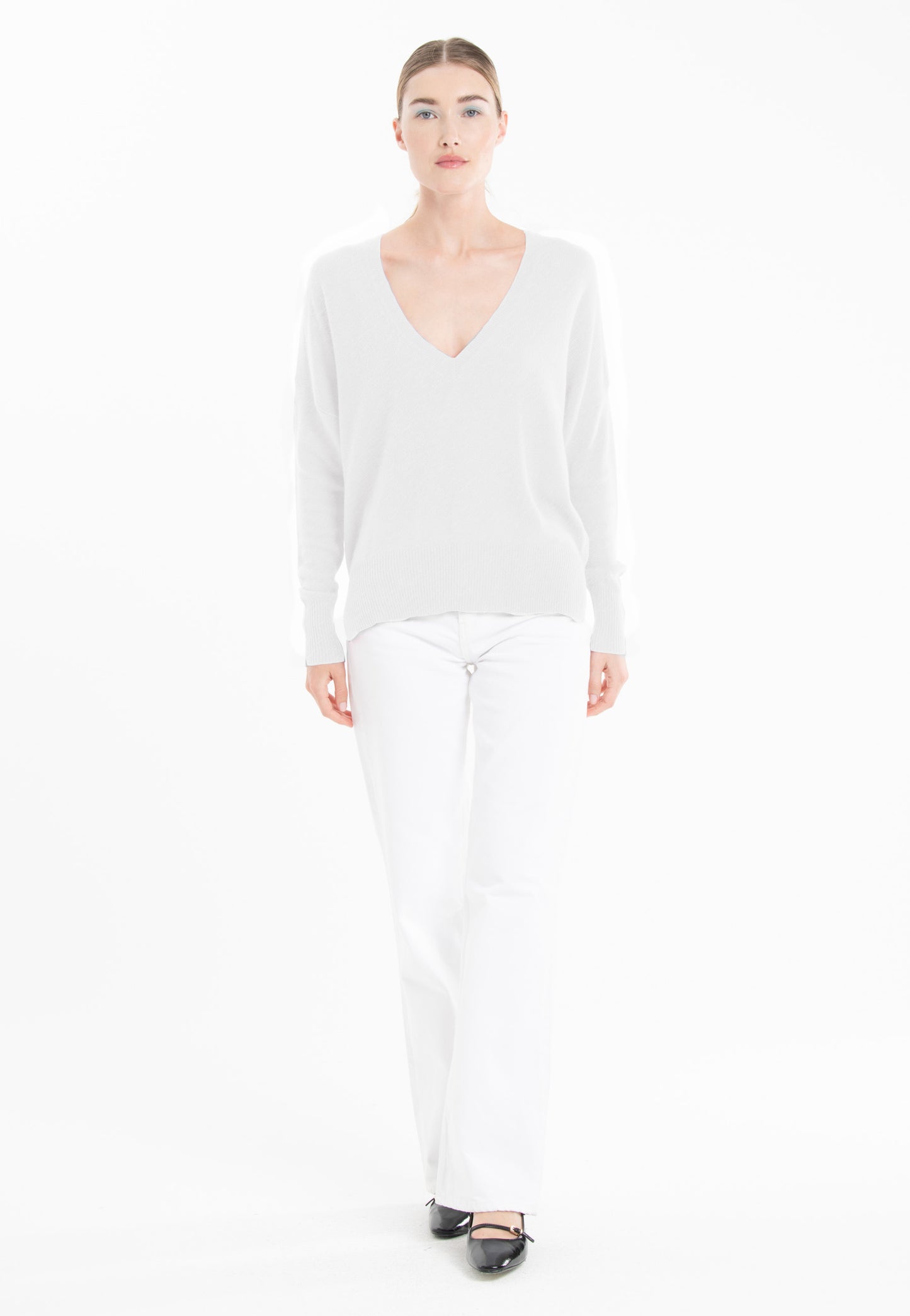 Pull col V oversize ultrafin cachemire et laine blanc femme - KELLY 10