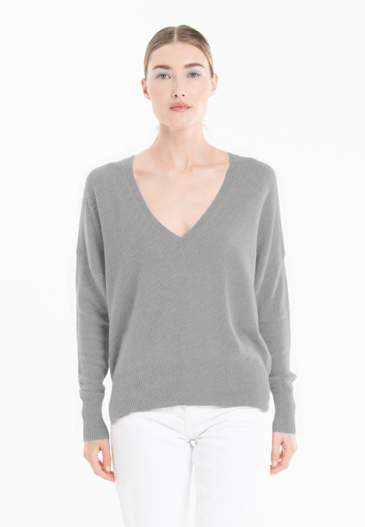 Pull col V oversize ultrafin cachemire et laine gris femme - KELLY 10